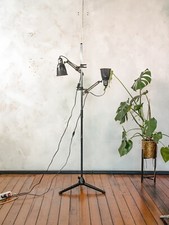 Vintage Double Spotlight Industrial Floor Lamp, 1950s Machine Lamps on Tripod