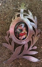 Antique VIRGIN RELIQUARY CHAIR PORCELAIN & BRASS MEDALLION SILVER ENGRAVED
