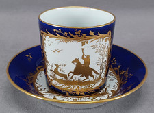 19th Century Bettignies Arras French Gold Hunt Scene Cobalt Coffee Cup & Saucer