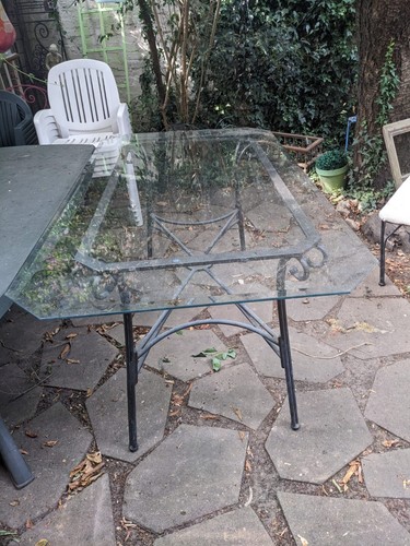Table fer forgé plateau verre - table,