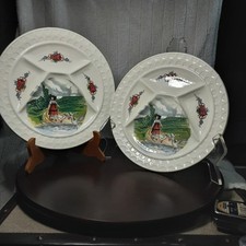 Sarreguemines Obernai 2 Fondue Plates (Girl And Gooses)  Signed H Loux,  France