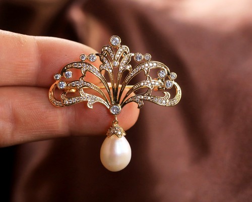 Broche eventail dentelle perle - broche,