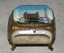 ANCIENNE BOITE A BIJOUX SOUVENIR EGLISE ET TOUR DE FOURVIERES LYON VERRE LAITON