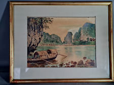 Barque sur la Baie d'Along Vietnam aquarelle signée La Vahirey & datée 1924.