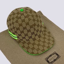 Gucci GG Monogram Green Reflective Web Stripe Beige Baseball Cap Hat Size M