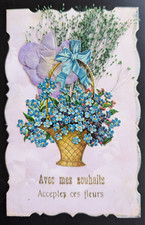 Old postcard Chromo added - basket of blue and vegetable flowers "with my wishes" 