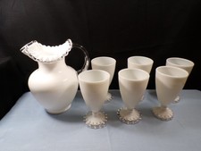 Fenton Milk Glass Silver Crest Water Set - Large Pitcher & Six Tumblers Goblets