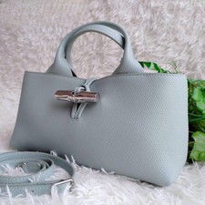 Longchamp Le Roseau Top Handle Bag Leather Mint Blue Used Authentic