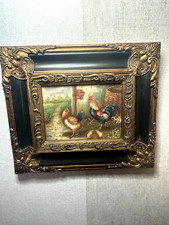 Tableau ancien signé.  Scène de Basse Cour Poules Coq. Peinture huile sur toile.