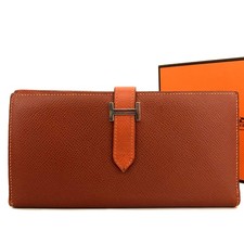 HERMES Bearn Veau Epsom Leather Long Bifold Wallet Orange/2BJ3522