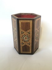 Ancien POT À CRAYON en BOIS à MARQUETERIE ORIENTALE Porte Stylo