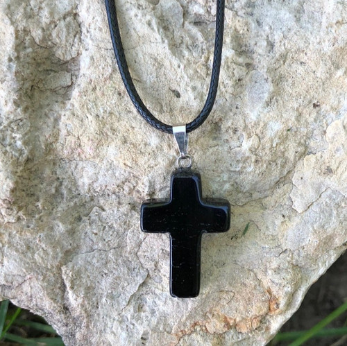 Pendentif croix obsidienne - pendentif, +