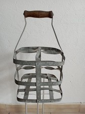 ANCIEN PANIER PORTE BOUTEILLE EN METAL 4 CASIERS POIGNEE BOIS VINTAGE