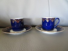 2 Blue Porcelain Oven Cups and Saucer Gold Decor