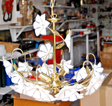 LUSTRE VINTAGE ITALIEN  FLEURS BLANCHES  MURANO 3 FEUX