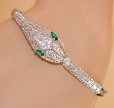 Bracelet tennis argent rigide femme serpent strass cristaux verts élégant UX34