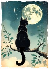Tableau - création originale  illustration poétique – Chat  au clair de lune