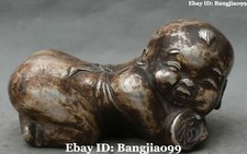 10" Chinese Old Silver Ancient Nude Tongzi Kid Boy Pillow Weeping Willow  Statue