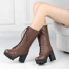 Women's Mid-calf Boots High Block Heel Lace Up Combat Platform Riding Shoes