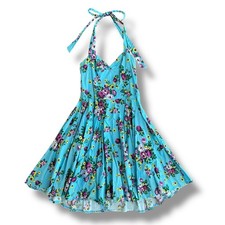Hell Bunny Vixen Retro Halter Sundress Blue Floral Rockabilly Pin Up 50s Dress L