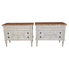 Pair Louis XVI Style Heavily Carved Marble Top Paint Decorated Commodes
