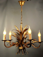 Vintage Hollywood Regency Chandelier Tole Wheat Cheaf Gold Italian 1960s