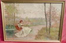 Painting Genre Scene Rider at the Park Oil/Canvas Late 19th Century Signed