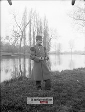 French officer, soldier, pond, glass plate, old photo, negative 9x12 cm