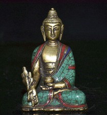 4.6 "vieux Bouddha tibétain en cuivre incrusté de turquoise Shakyamuni
