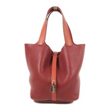 HERMES PHW Picotin MM Hand Bag/Bucket Tote Bag Clemence Leather Rouge H/Brique