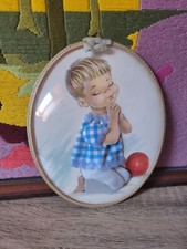CADRE PLASTIQUE BOMBÉ SÉRIGRAPHIE ENFANT PRIÈRE 3 D VINTAGE