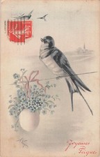ILLUSTRATED CP SIGNED EASTER BIRD ON THREAD EGGS HANGING FLOWERS - 39601