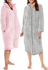 Women's Fleece Zip Through Robe Dressing Gown Housecoat Bathrobe Plush Robes