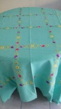 ANTIQUE GREEN RECTANGULAR TABLECLOTH EMBROIDERED FLOWERS 200 X 228 CM VINTAGE DESIGN 70'