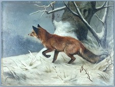 Ancien Tableau "Renard en Hiver" Peinture Huile Old Painting Oil Fox Winter