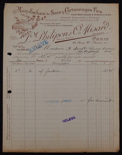 Facture paris 1913 sac - paris,