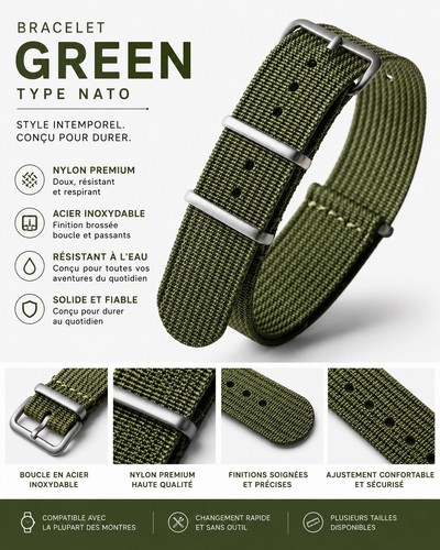 Bracelet montre nato vert - bracelet,