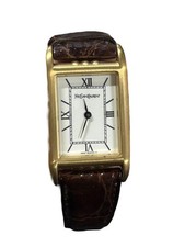 Yves Saint Laurent Wristwatch Square Gold Case Brown Leather Strap Roman Dial