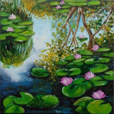"REFLETS ET NENUPHARS" Tableau original de Carin  - MARAIS,  eau - 50x50 cm