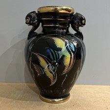 Vase Décoratif Noir Décor Poissons Colorés et Dorés Cermonac 1960