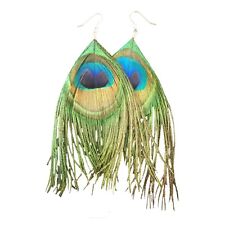 Véritable Oeil de Paon Plume Oreille Pendantes Bijoux 925 Argent Sterling