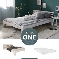Lit double 140x200 bois massif blanc avec matelas + sommier confort Homestyle4u