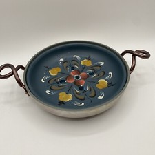 Hand Painted Tole Dish in Aluminum Pan Handles Yellow Red Flowers on Blue