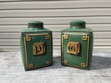 19th Century Bristol & Sons 2 Large English Green Tole Tea Square Canisters