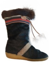 VTG TECNICA Black FUR APRÈS SKI Skandia BOOTS Wool Leather Pom Poms Wedge 39/8/9