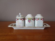 SALT PEPPER SHAKER & MUSTARD PORCELAIN FLORAL MOTHER-OF-PEARL EFFECT CONDIMENT SET