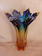 GRAND VASE VERRE CRISTAL MURANO SEGUSO GLASS VINTAGE DEGRADE AMBRE BLEU 32.7 CM