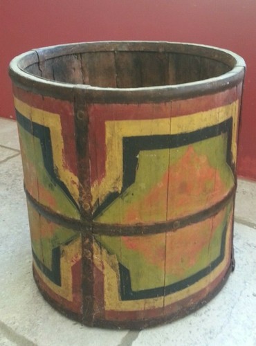 Antique painted wood pot cover - painted,