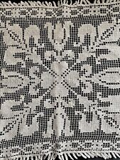 Vintage French cotton DOILY napperon FILET LACE fleurs de lys FRINGES TRIM c1950