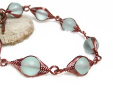 PICK COLOR sea glass ANTIQUE COPPER tone herringbone wire wrapped bracelet frost